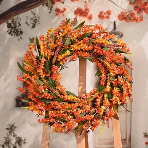Orange Fall Wreath 24 Inch Front Door Decor - Handmade Autumn Wreath