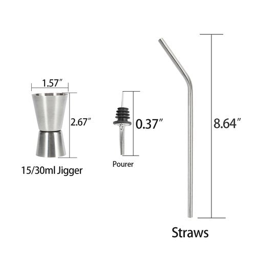 Cocktail Shaker Set, 24 oz, Stainless Steel, with Built-in Strainer, Jigger and Straws