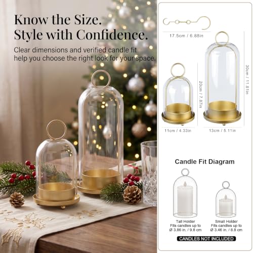 Gold Hurricane Glass Candle Holders Set of 2 - Metal Lanterns with Handmade Glass Domes