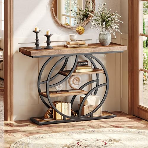 Rustic Brown Entryway Table with Curved Metal Frame - 41.3 Inch