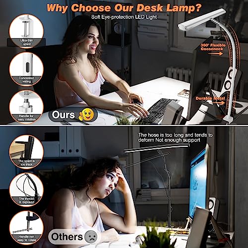Airlonv White LED Desk Lamp with Clamp, 17-inch Stepless Dimming, Flexible Gooseneck