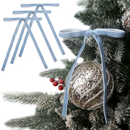 Ribbli Velvet Christmas Tree Bows Dusty Blue 24-Pack | 5x7 Inch, 3/8" Wide