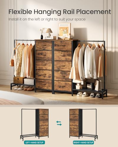 SONGMICS Rustic Brown Dresser with Hanging Rod, 5 Fabric Drawers, Bottom Shelf - 3-in-1 Closet Organizer