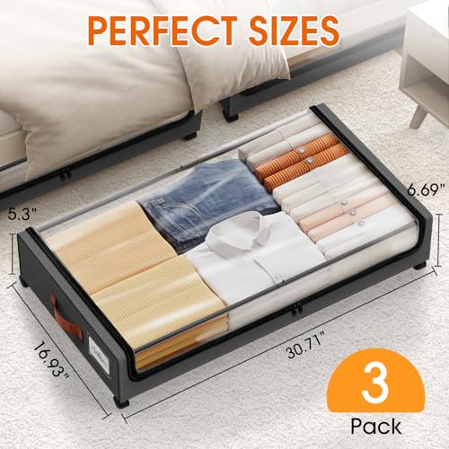 Dark Grey Under Bed Storage Containers 3-Pack with Wheels & Clear Windows