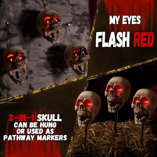 Hanging Skull Animatronics - Scary Floating Skeleton with Sound & Light-Up Eyes - Halloween Decor (3 Pack)