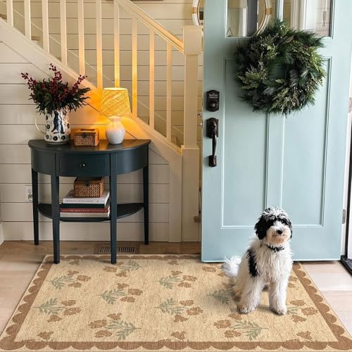 Othilic Floral Entry Rug - 3x5 Washable Indoor Outdoor Doormat with Scalloped Edges - Wheat/Tan/Sage, Boho Style