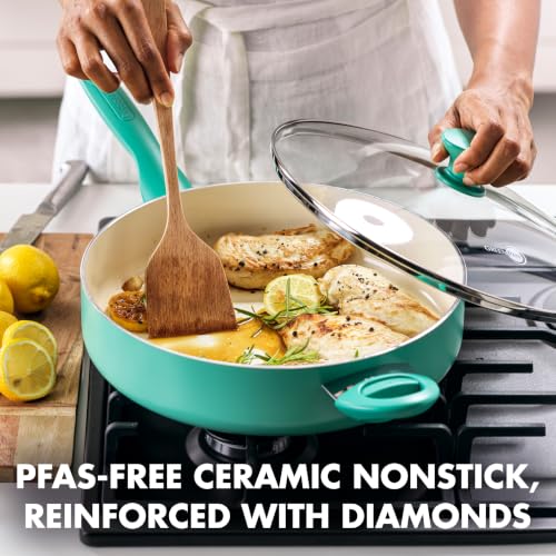 GreenPan Rio 5QT Saute Pan with Lid - Turquoise, Ceramic Nonstick, PFAS-Free
