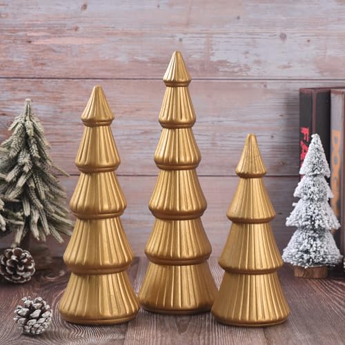 IDATOO Gold Wooden Christmas Tree Set of 3 Tabletop Decor for Holiday & Home