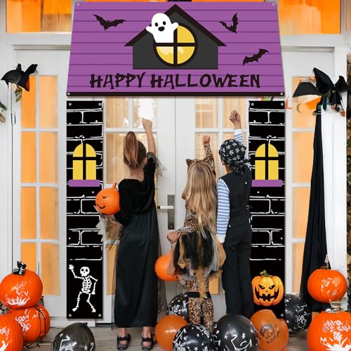 71 Inch 3 Pcs Halloween Door Decorations for Classroom Gingerbread Party Porch Banner Merry Halloween Gift Wrap Door Banner Xmas Cover for Classroom Home(Ghost Style)
