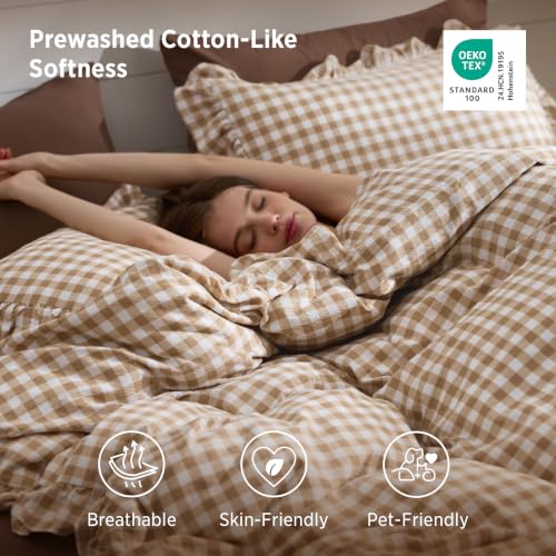 Bedsure Brown Gingham Ruffle Duvet Cover Set - Queen 90x90 Inches