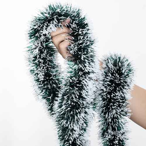 33FT Christmas Tinsel Garland Green and White Metallic Tinsel Twist Garland Shiny Hanging Decoration for Xmas Tree Decoration Wedding Party Supplies£¨Dark Green£©