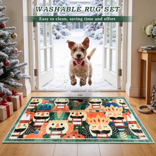 Christmas Nutcracker Kitchen Rug and Mats 3 Piece Non Slip Washable