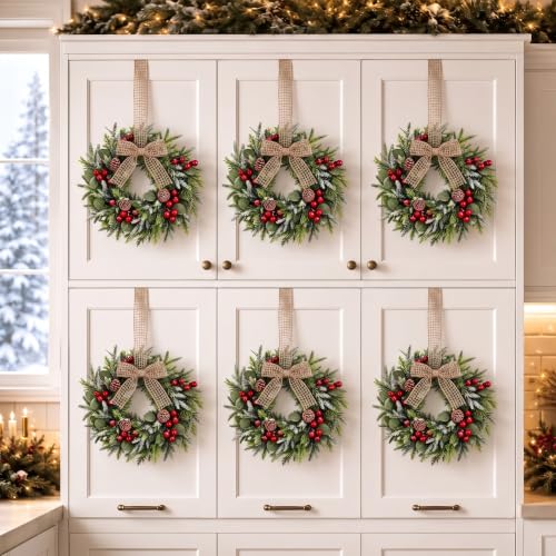 Dingion 12 Pcs Mini Christmas Wreaths for Cabinets with Pine Cones & Bows – 9 inch