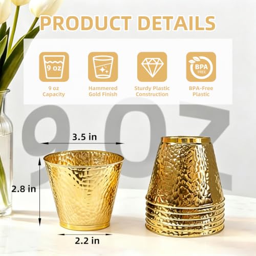 MiraFure Gold Hammered Plastic Party Cups 9oz - BPA-Free, Leakproof, Disposable, Elegant Drinkware for Weddings & Events