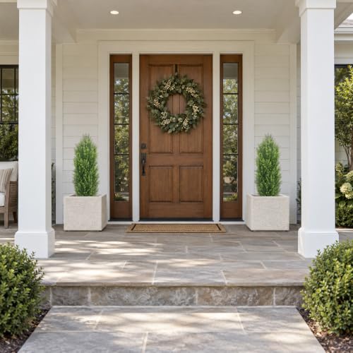 Artificial Topiary Cedar Trees Set of 2 - 3ft Tall Outdoor Faux Plant, Yellow Green