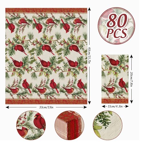 JarThenaAMCS 80Pcs Christmas Guest Napkins Vintage Cardinal Berries Holiday Disposable Hand Towels
