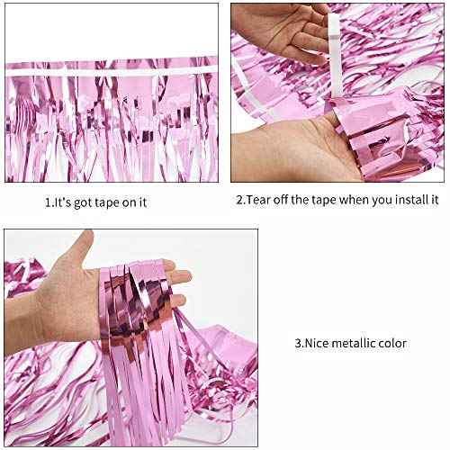 2 Packs Metallic Foil Fringe Table Skirt Pink Tinsel Table Skirt Garland for Rectangle Tables Hotel Floats Mardi Gras Holiday Birthday Wedding New Year Party Decoration (108 X 29 inch)