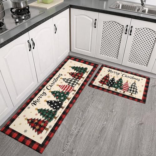 Ghroiep 2-Piece Christmas Kitchen Rugs Set Beige-Red 17x47 + 17x30 Non-Slip Microfiber