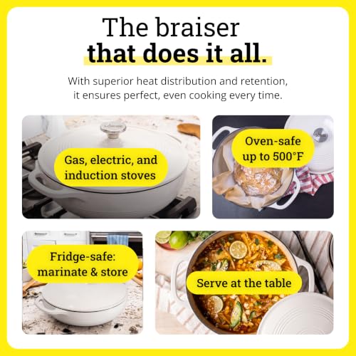 Cast Iron Enamel Braiser 3.6 Qt - Oyster White, Moisture-Locking Lid