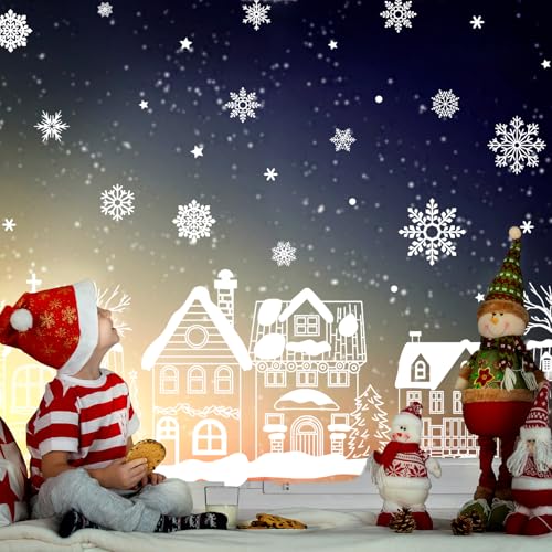 JarThenaAMCS 13.8x35.4'' Extra Large Christmas Window Clings 4 Sheets - White Houses & Snowflakes Double-Sided