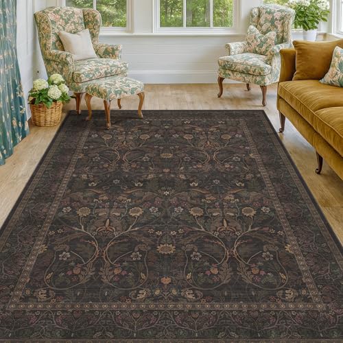 Evyhood 5' x 7' Dark Brown Washable Area Rug with Floral Pattern for Living Room & Bedroom