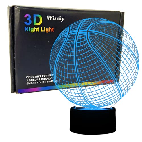 Wiscky Basketball 3D Illusion Lamp, LED Night Lights for Kids Birthday Gift 7 Color Changing Touch Switch Xmas Decoration Nightlight Children Room Bedroom Decorations Toys for Sports Theme Fans