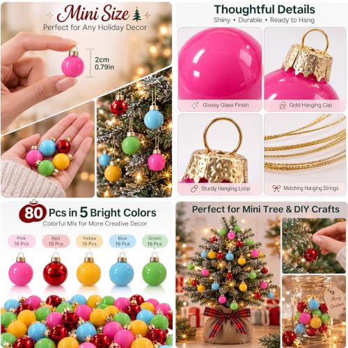 Civaner 0.8" 80 Pcs Mini Colorful Glass Christmas Ornament for Tree