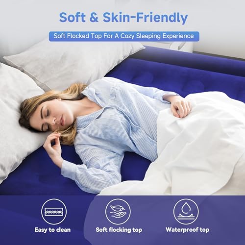 Blue Full Size Air Mattress with Built-In Pump - Comfortable Self-Inflating, Durable Blow Up Bed for Guests, Camping, Travel