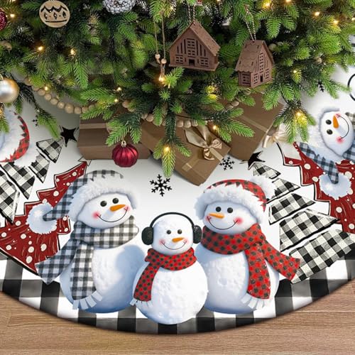 QIALETS 48 Inch Gray Buffalo Plaid Christmas Tree Skirt with Snowmen Decoration