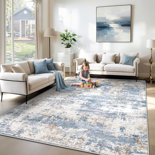 Blue 6' x 9' Washable Modern Abstract Area Rug for Living Room & Bedroom