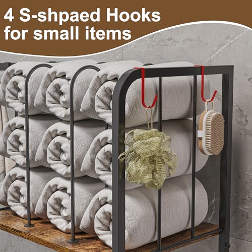 Brown 3-Tier Freestanding Metal Towel Rack Cabinet with Hooks and Detachable Dividers