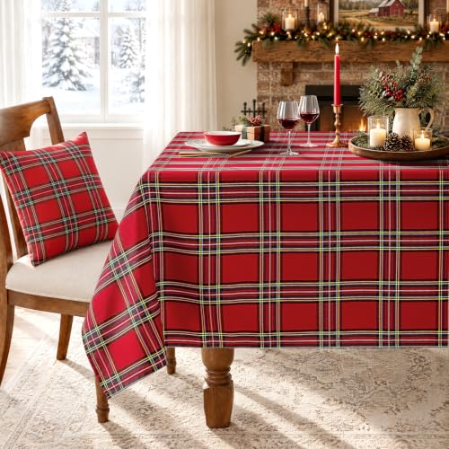 Maymiss Christmas Checkered Tablecloth 52 x 70 Rectangular - Red Tartan Linen Cotton