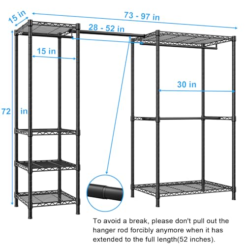 Heavy Duty Clothes Rack with Stretchable Hanger Rod - Black, Adjustable Freestanding Garment Storage System