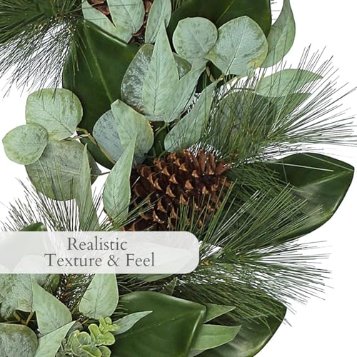 CG Hunter Magnolia Eucalyptus Pinecone Christmas Wreath 28" - Mixed Foliage Holiday Decor