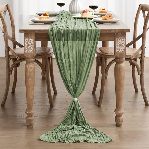 Veblandy Sage Green Cheesecloth Table Runner 120 Inch Boho Rustic Wedding Decor