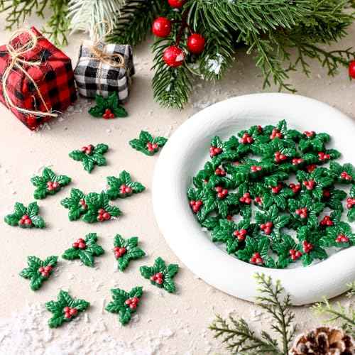 50 Pcs Mini Christmas Decorations Miniature Resin Triple Leaf Holly Berries Ornament Christmas Simulation Holly Berries Leaves DIY Tiny Craft Charms for Xmas Tree Wreath Card Gift Fillers Supplies