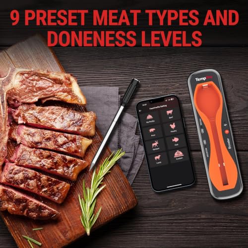 Wireless Meat Thermometer - TempPro TempSpike 500 ft Bluetooth Digital Cooking Thermometer - Orange