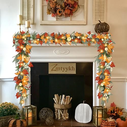 Zmtyykh 6ft Orange Fall Garland with Lights & Timer for Indoor Outdoor Decor
