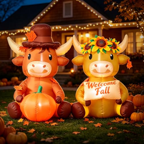 Fall Highland Cow Inflatable Decoration - 6 FT Outdoor Halloween & Autumn Yard Decor with Pumpkin & Welcome Sign - DomKom