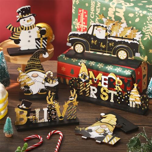Capoda 6 Pcs Wooden Christmas Table Centerpieces Black & Gold Holiday Decor