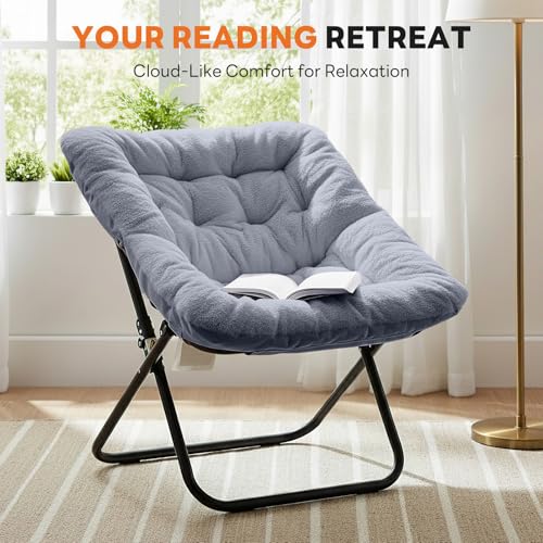 Grey Foldable Faux Fur Lounge Chair for Adults, Oversized Square Seat