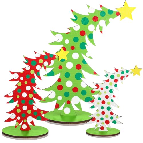 3 Pcs Lime Green Wooden Christmas Tree Tabletop Decorations Bendable Christmas Centerpieces for Table Polka Dot Freestanding Xmas Tree Table Sign Rustic Home Tiered Tray Decor for Holiday Party Decor