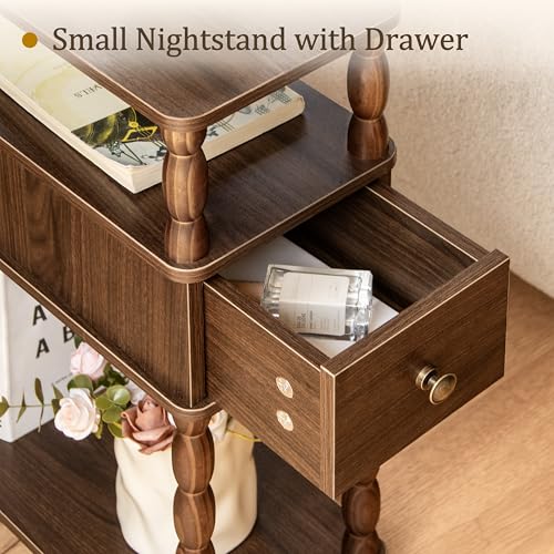 MaxSmeo Walnut Brown Narrow Side Table with Drawer - Small Nightstand for Living Room & Bedroom