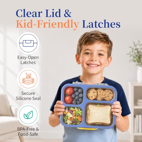 Kids Stainless Steel Lunch Box with 4 Compartments - Leakproof BPA-Free Bento Container, Blue Variation