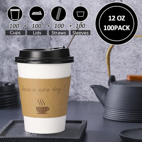 White 12oz Disposable Coffee Cups with Lids - 100 Pack