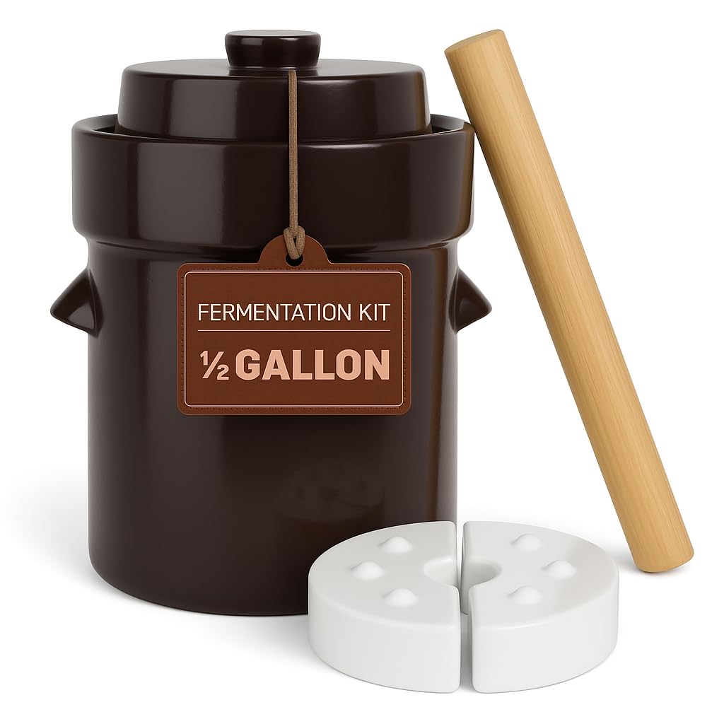 Humble House Fermentation Crock 1/2 Gallon Sauerkrock Sauerkraut Crock with Lid Weights & Pounder - Brown Ceramic Fermenting Crock Kit for Pickling Cabbage Kimchi Vegetables 2 Liter Fermentation Jar