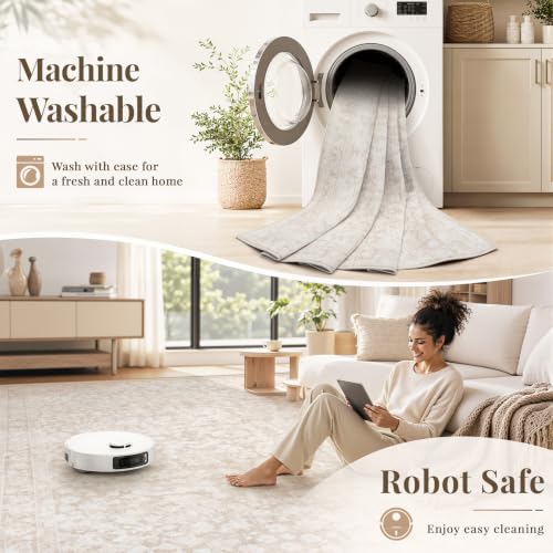 Beige 6'x9' Boho Vintage Washable Non-Slip Area Rug - Soft Stain-Resistant Indoor Carpet for Living Room, Bedroom, Nursery, Office