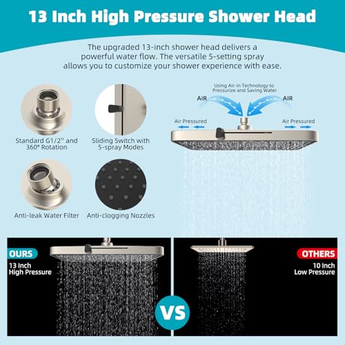 Square 13-Inch High Pressure Rain Shower Head with 5 Spray Modes & 16-Inch Arm - Brushed Nickel