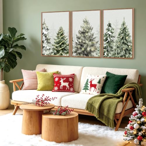 Large Framed Christmas Tree Wall Art - Winter Snowy Pine Scene, 24x36 Inches, Holiday Decor