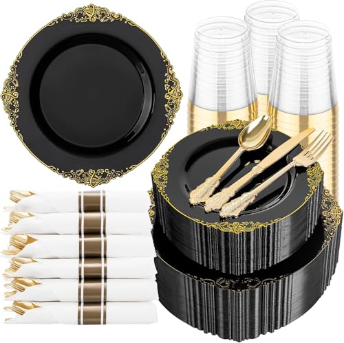 Black and Gold Disposable Plates Set for Graduation - 350 Pcs, 50 Count Variation